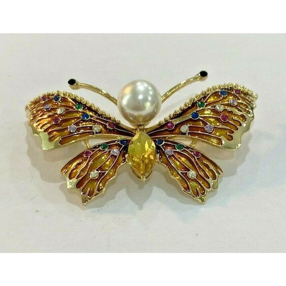 Vintage inspired butterfly brooch gold tone textured enamel & rhinestones pin